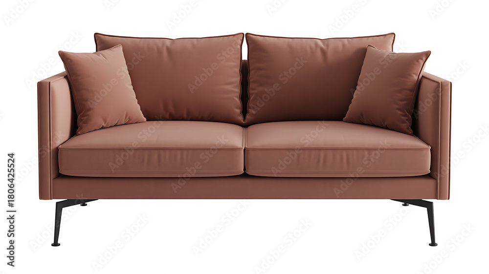 Fototapeta premium Modern rose pink sofa with plush cushions and black metal legs