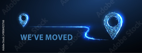Two pin icons with move path. New office location, change business address, relocate store or shop, change site address concept

