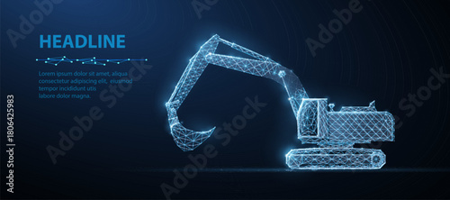 Excavator. Abstract vector 3d excavator isolated on blue background. Construction, building, heavy machine, industrial machinery, mining concept illustration. Side view.

