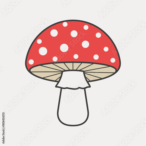 Cartoon style illustration of a red mushroom with white spots on a beige background.