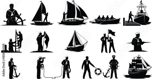 Nautical Sailor Seaman Navy Maritime Professional Icon Silhouette Ship Boat Anchor Collection