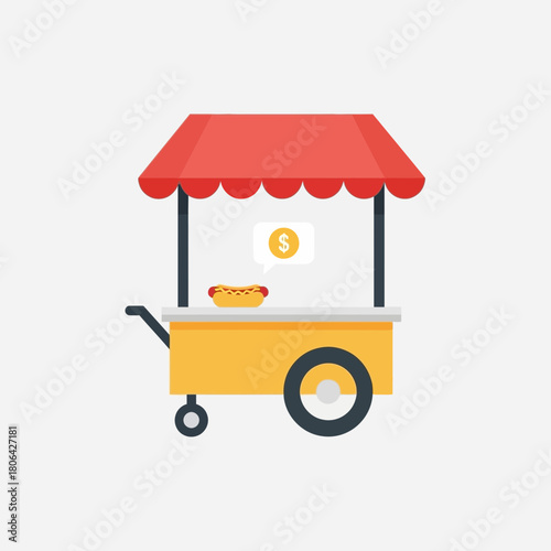 A yellow food cart with a red awning and wheels on a white background.