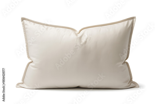 A plush, neutralcolored throw pillow with a subtle border, isolated on white background