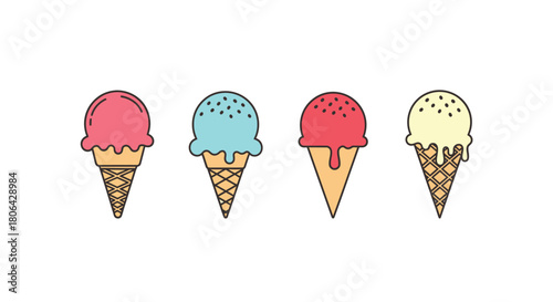 A colorful row of four ice cream cones with different flavors