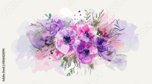 Watercolor Floral Bouquet Illustration Featuring Elegant Pink and Purple Flowers with Soft Pastel Background and Artistic Botanical Details