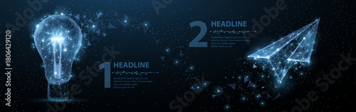 Bulb and paper plane infografic. Poligonal style. Digital dream, creative freedom, positive inspiration and positive illustration or background. Journey symbol. Conceptual infografic

