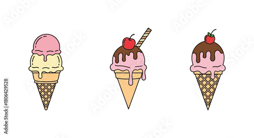Three colorful ice cream cones with different flavors and toppings