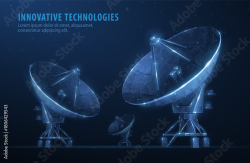 Parabolic antenna. Abstract 3d satellite antenna. Radio telecommunication, astronomical telescope, military radar, universe research observatory, data transmit, satellite signal receiver concept

