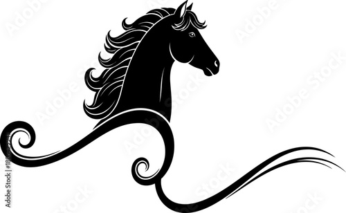 Elegant scarlet silhouette of a black horse with flowing mane