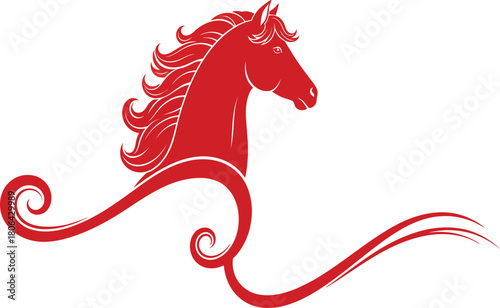 Scarlet horse silhouette with flowing mane banner
