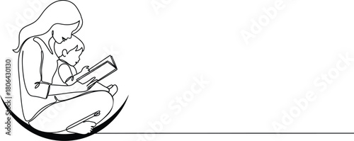 Mother and child reading together single line art