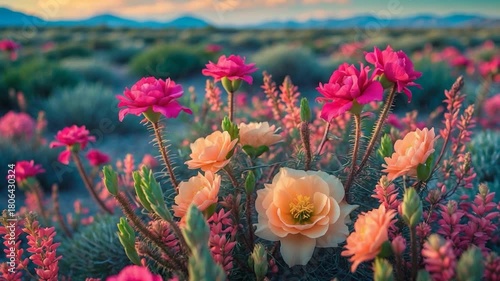 Wallpaper Mural Vibrant flowers in a desert landscape featuring pink and peach blooms amid greenery showcasing detailed petals with soft natural light and blurred mountains in the background during sunset Torontodigital.ca
