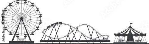 Amusement park rides, Ferris wheel silhouette, roller coaster loops, carousel illustration, funfair attractions, theme park icons, entertainment scene, family fun, night festival, vector art