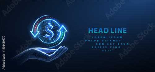 Coin with a dollar sign and two arrows rotating around it on hand. Bank transfer, currency exchange, stock investment, cashback rewards, revenue generation, stock market, money transfer concept.

