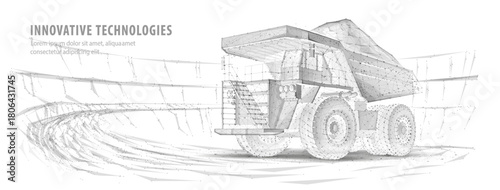 Dump truck. Abstract 3d large dumper in quarry. Low pole. Mining machinery, industry equipment, Heavy career truck, open extraction, anthracite coal, gold mining, australian quarry, dumptruck concept
