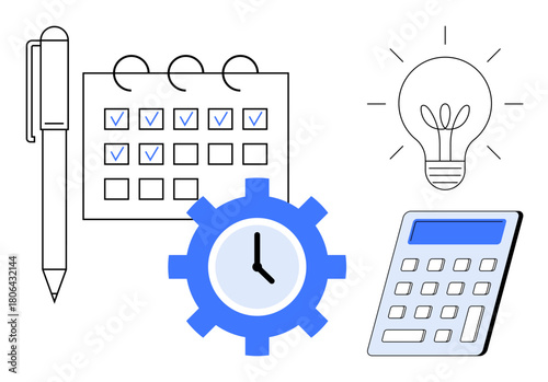 Pen, calendar with checkmarks, clock in a gear, light bulb, and calculator. Ideal for productivity, planning, innovation efficiency time management business education. Simple flat metaphor