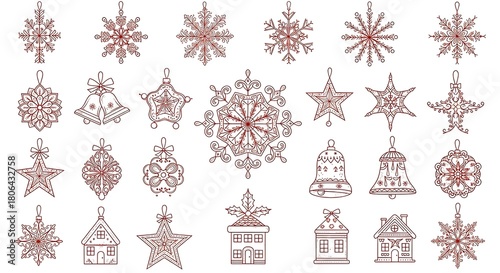Assortment of christmas ornaments including snowflakes bells stars and houses on a white background