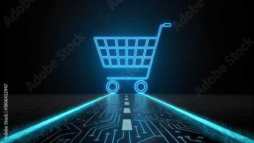 Shopping cart neon glow on circuit board road symbolizes online retail success, e-commerce solutions, and modern purchasing trends in vibrant blue light