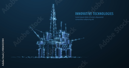 Oil rig. Abstract 3d floating rig platform isolated on blue. Gas platform, offshore drilling, refinery plant, petroleum industry, energy resource, innovation well drilling, oilfield equipment concept
