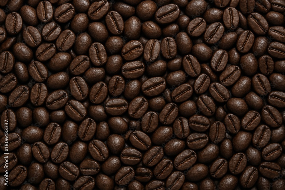 Fototapeta premium Close-up view of roasted coffee beans scattered in seamless pattern on dark background, highlighting food texture and caffeine concept theme. Ai generative