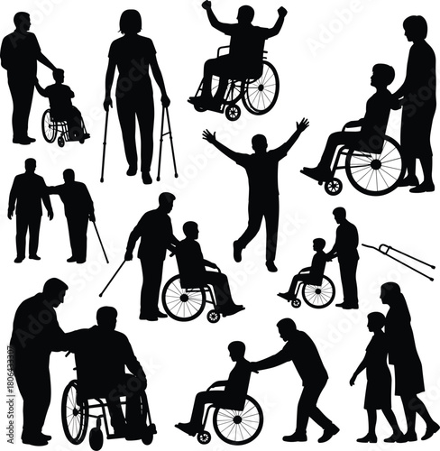 Disability inclusion, wheelchair support, crutches assistance, accessible teamwork, helping disabled, mobility aid, inclusive care, rehabilitation scene, diverse silhouettes, disability awareness, 