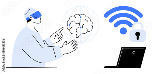 Person wearing VR headset interacting with digital brain interface. Nearby laptop shows locked wireless symbol. Ideal for AI, innovation, VR tech, neuroscience, security, future tech, connectivity