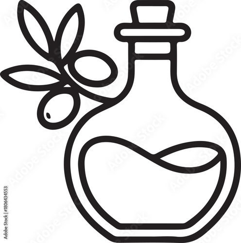 Olive oil bottle with a cork stopper next to an olive branch featuring three fresh olives