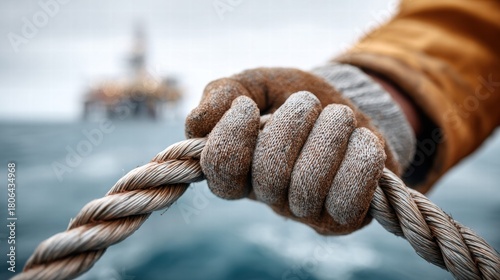 Hand gripping a rope with an oil rig in the background