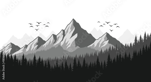 Grayscale illustration of jagged mountain peaks, forest trees, and flying birds for wilderness and editorial vector content