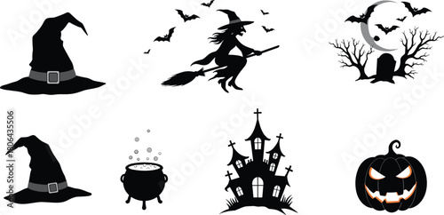 Halloween silhouette icon set with witch, haunted house, graveyard, and jack-o'-lantern for seasonal design and editorial spooky content