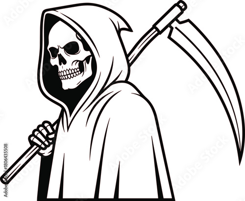 Grim Reaper illustration with hooded cloak and scythe, black-and-white vector design for gothic, death, and Halloween concept