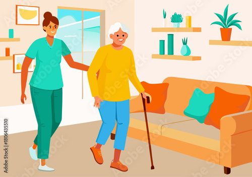 Caring Companion Assists Elderly Senior Walking with Cane at Home