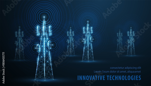 Abstract antenna mast on blue. 5G technology, telecommunication industry, telecom network, broadcast television, cell phone, 5G telecommunication, city communication, LTE transmitter concept.


