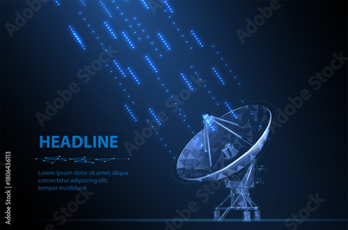 Parabolic antenna and signal. Abstract 3d satellite antenna. Radio telecommunication, astronomical telescope, military radar, universe research observatory, data transmit, satellite receiver concept

