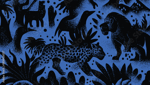 Vivid hand-drawn pattern featuring black silhouettes of jungle animals (leopard, lion, bird, deer) and tropical foliage with stipple halftone texture against blue background.