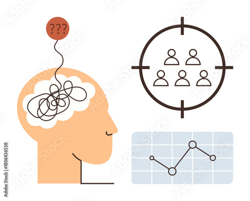 Human head with tangled thoughts, question marks, group focus in crosshairs, and graph analysis. Ideal for problem-solving, focus, analytics, decision-making, brainstorming research strategy