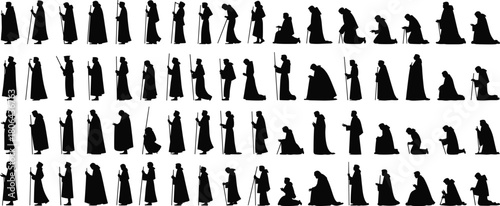 Silhouette, robed figure, staff, wizard pose, character design, fantasy monk, action stance, walking, kneeling, leaning, magic, costume, cloak, hooded, mystic, spellcaster, animation, concept art,