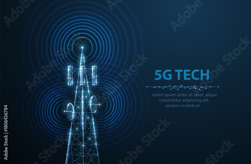 Abstract antenna mast on blue. 5G technology, telecommunication industry, telecom network, broadcast television, cell phone, 5G telecommunication, city communication, LTE transmitter concept.

