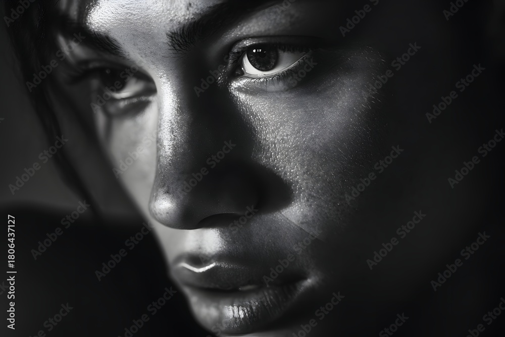 Fototapeta premium Close-up portrait of a thoughtful woman in monochrome
