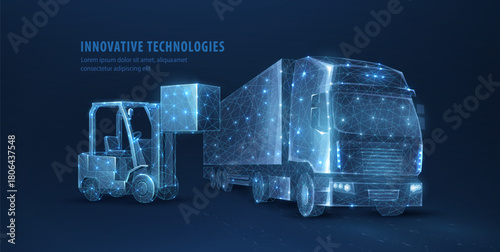 Abstract 3d truck and forklift. Truck transport, warehouse logistic, container shipment, cargo delivery, factory freight, package storage, heavy load, AI commercial vehicle, fast logistics concept.

