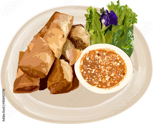 Savory spring rolls, golden and a vibrant dipping sauce