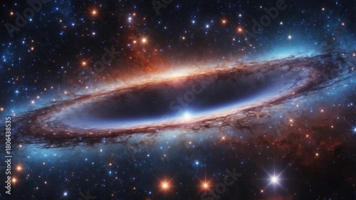 Stunning cosmic scene featuring a vibrant galaxy with swirling clouds of dust and bright stars illuminating the dark space emphasizing the curvature and depth of the celestial formation against a