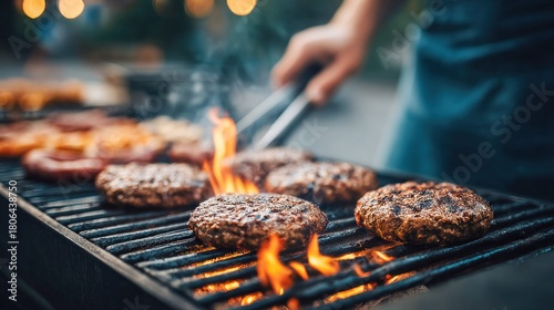 Fototapeta Naklejka Na Ścianę i Meble -  Delicious burgers grilling over an open flame for a summer barbecue