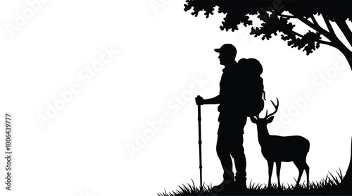 Hiker and deer under forest tree silhouette, black and white vector illustration for nature connection, wildlife themes, and editorial outdoor content