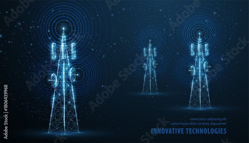 Abstract antenna mast on blue. 5G technology, telecommunication industry, telecom network, broadcast television, cell phone, 5G telecommunication, city communication, LTE transmitter concept.

