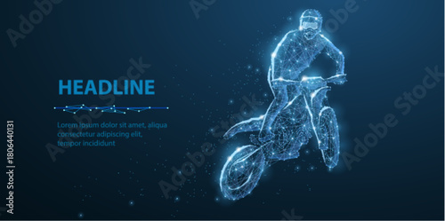 Jumping motocross rider on blue. Motocross freestyle. Abstract 3d illustration. Low pole style with dots, lines and stars.

