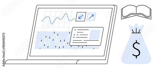 Laptop displaying graphs, financial charts, and data analytics, accompanied by icons of a money bag and an open book. Ideal for finance, investment, education, economy, business analytics