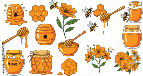 Honey and bee-themed vector set with jars, dippers, flowers, and honeycombs for nature education, agriculture, and editorial food content