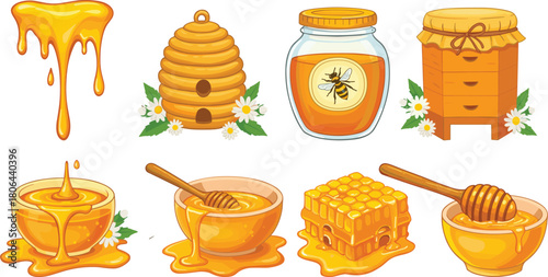 Honey and beekeeping vector set with jars, bowls, hives, and flowers for nature education, agriculture, and editorial food content