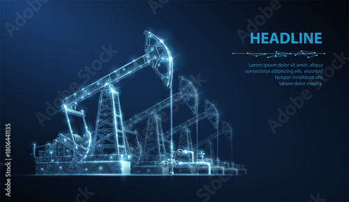 Oil pumps field on blue. Digital extraction, Gas market, Well drilling, Petroleum production, Fossil fuel, Oilfield crisis, Energy economy, War constriction, Oil refinery, Black gold concepts

